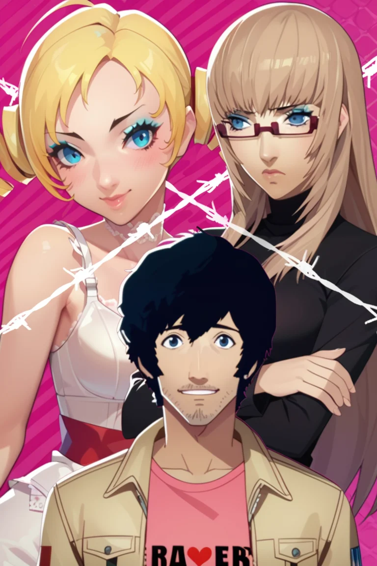 score_9, score_8_up, score_7_up, score_6_up, anime screencap, cowboy shot, looking at viewer, pink heart background
BREAK, 1girl, twin drills, blonde hair, makeup, white dress, white choker, red waist bow, white choker
<lora:Catherine_Pony_XL:1>