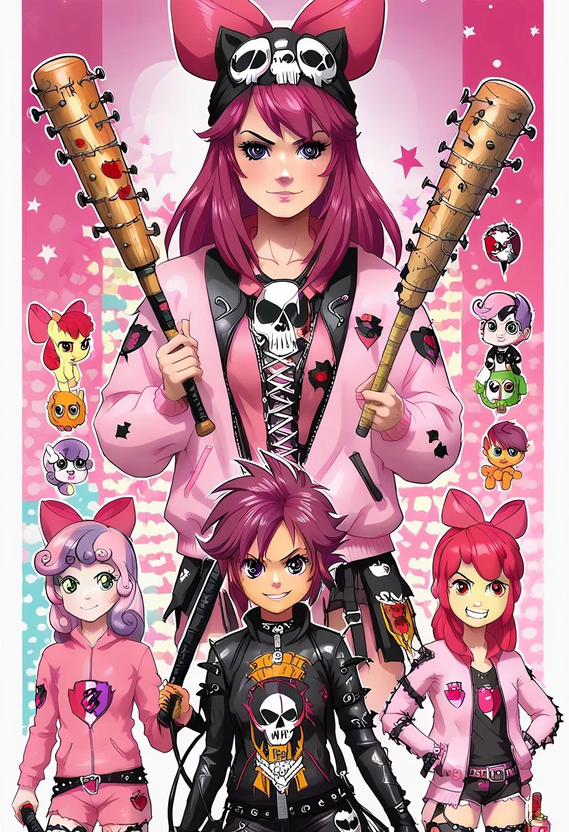 score_9, score_8_up, score_7_up, (cutie mark crusaders) applebloom, sweetie belle, scootaloo, 3 girls, trio, biker clothes, black bandana with skulls, spiky hair on scootaloo, puple onesie blue and pink stipes, pink star tatoo, pink onesie green stripes, human 18yo, balck onsie on applebloom with white stars, applebloom holding black spiked baseball bat, holding a molotov cocktail, holding a electric whip, looking menacing, perfect face, perfect hands,
General
thighhighs 1.2), very fuzzy, (detailed background),