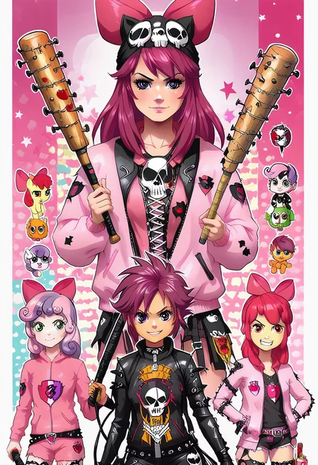 score_9, score_8_up, score_7_up, (cutie mark crusaders) applebloom, sweetie belle, scootaloo, 3 girls, trio, biker clothes, black bandana with skulls,  spiky hair on scootaloo, puple onesie blue and pink stipes, pink star tatoo, pink onesie green stripes, human 18yo, balck onsie on applebloom with white stars, applebloom holding black spiked baseball bat, holding a molotov cocktail, holding a electric whip, looking menacing, perfect face, perfect hands,
General
 thighhighs 1.2), very fuzzy, (detailed background),