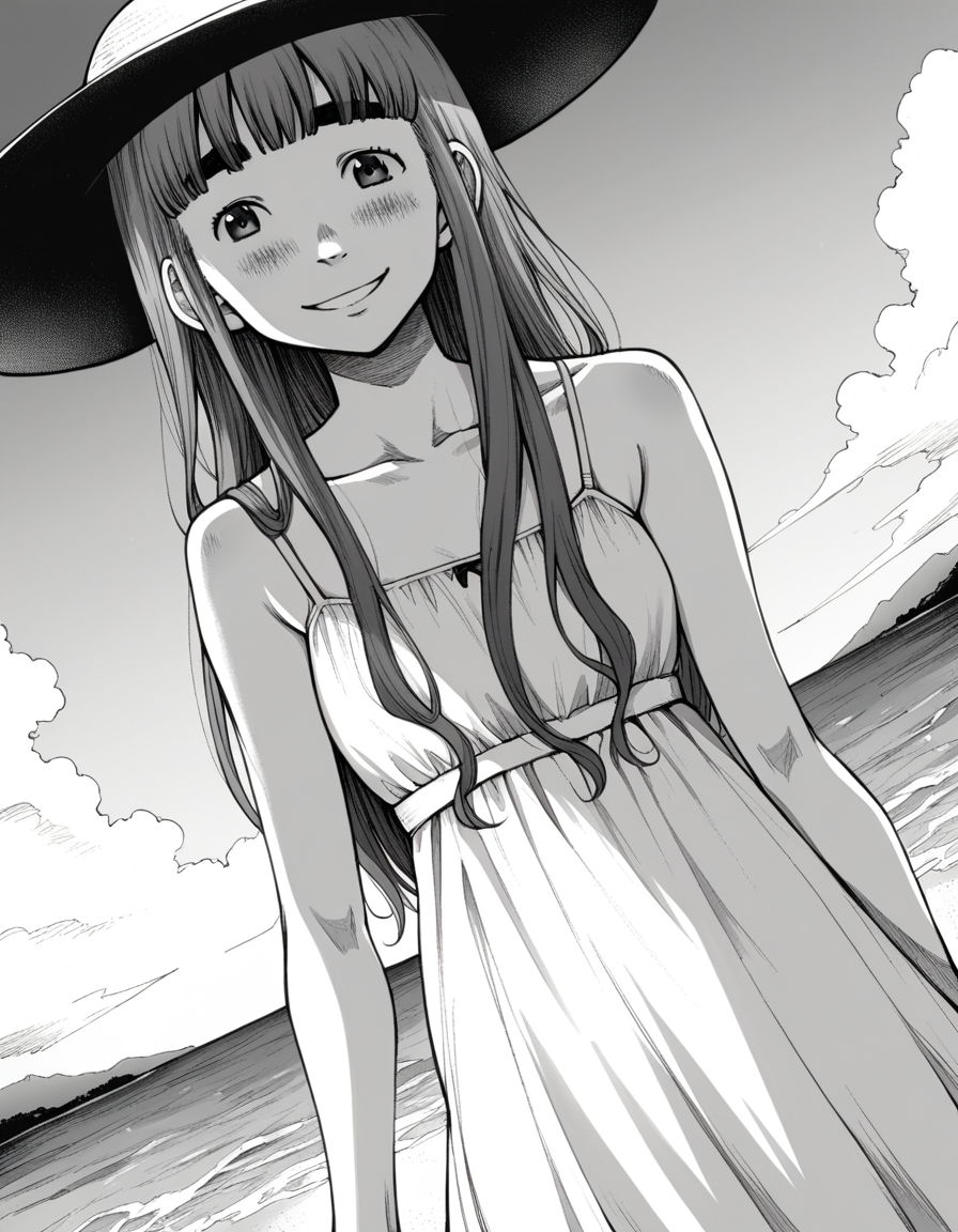 score_9, score_8_up, score_7_up, source_anime,
aikotanaka, <lora:aiko-tanaka-manga-ponyxl-lora-nochekaiser:1>,
aiko tanaka, long hair, bangs, thick eyebrows, blush, greyscale, monochrome,
dress, white dress, collarbone, bare shoulders, sundress, sun hat,
outdoors, beach, smile,
looking at viewer, cowboy shot, solo, dutch angle,