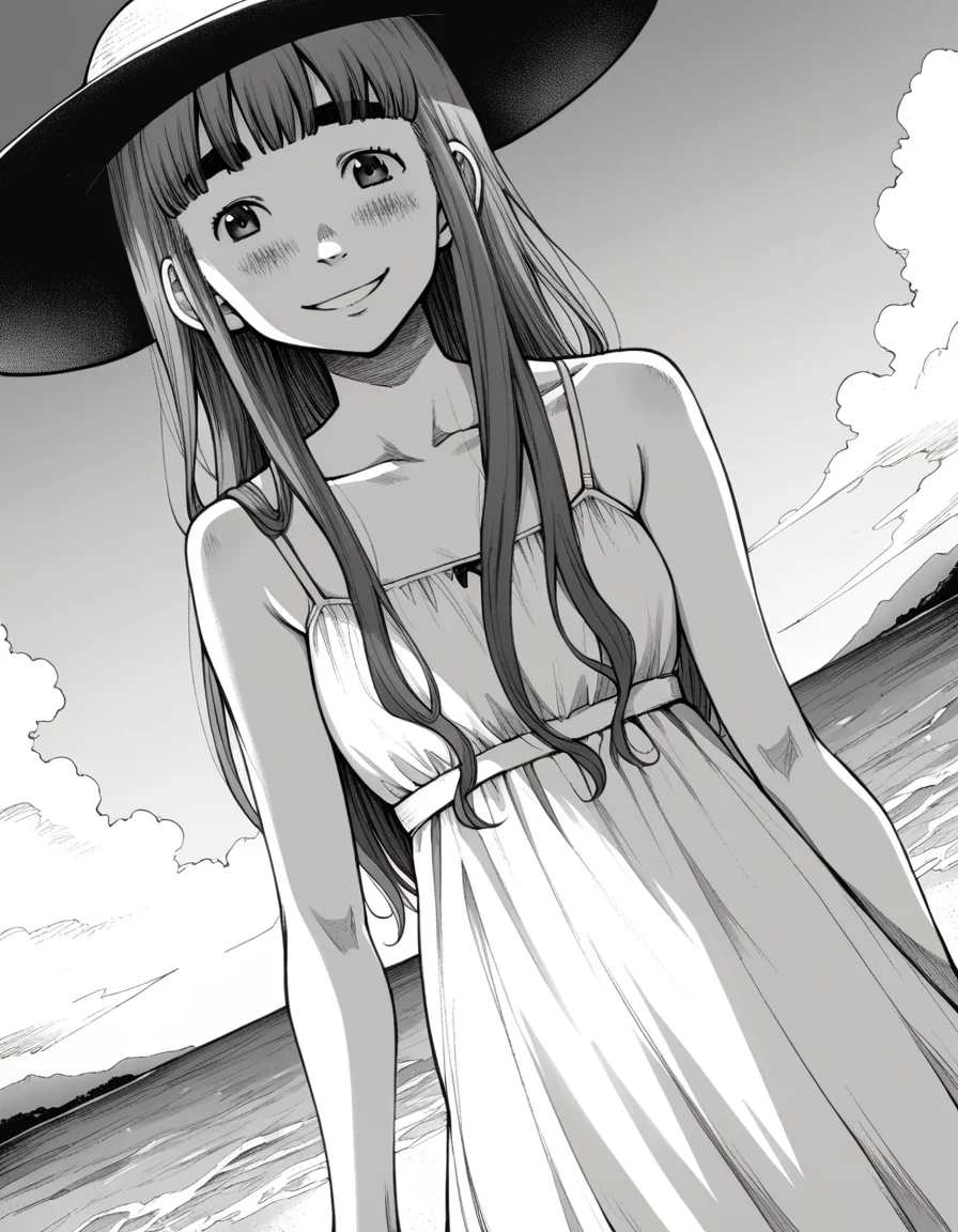 score_9, score_8_up, score_7_up, source_anime,
aikotanaka, <lora:aiko-tanaka-manga-ponyxl-lora-nochekaiser:1>,
aiko tanaka, long hair, bangs, thick eyebrows, blush, greyscale, monochrome,
dress, white dress, collarbone, bare shoulders, sundress, sun hat,
outdoors, beach, smile,
looking at viewer, cowboy shot, solo, dutch angle,