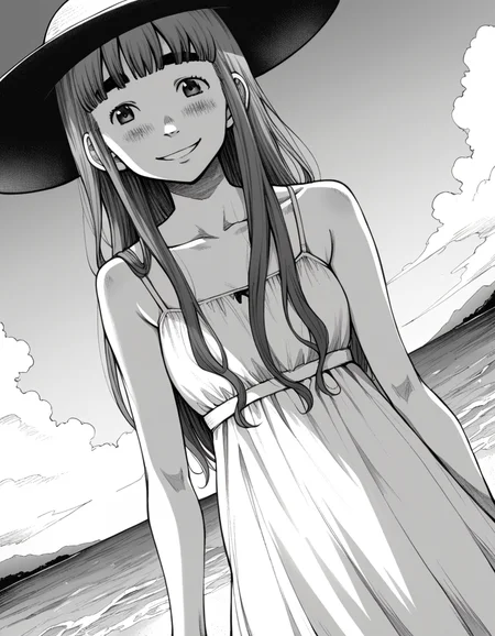 score_9, score_8_up, score_7_up, source_anime,
aikotanaka, <lora:aiko-tanaka-manga-ponyxl-lora-nochekaiser:1>,
aiko tanaka, long hair, bangs, thick eyebrows, blush, greyscale, monochrome,
dress, white dress, collarbone, bare shoulders, sundress, sun hat,
outdoors, beach, smile,
looking at viewer, cowboy shot, solo, dutch angle,