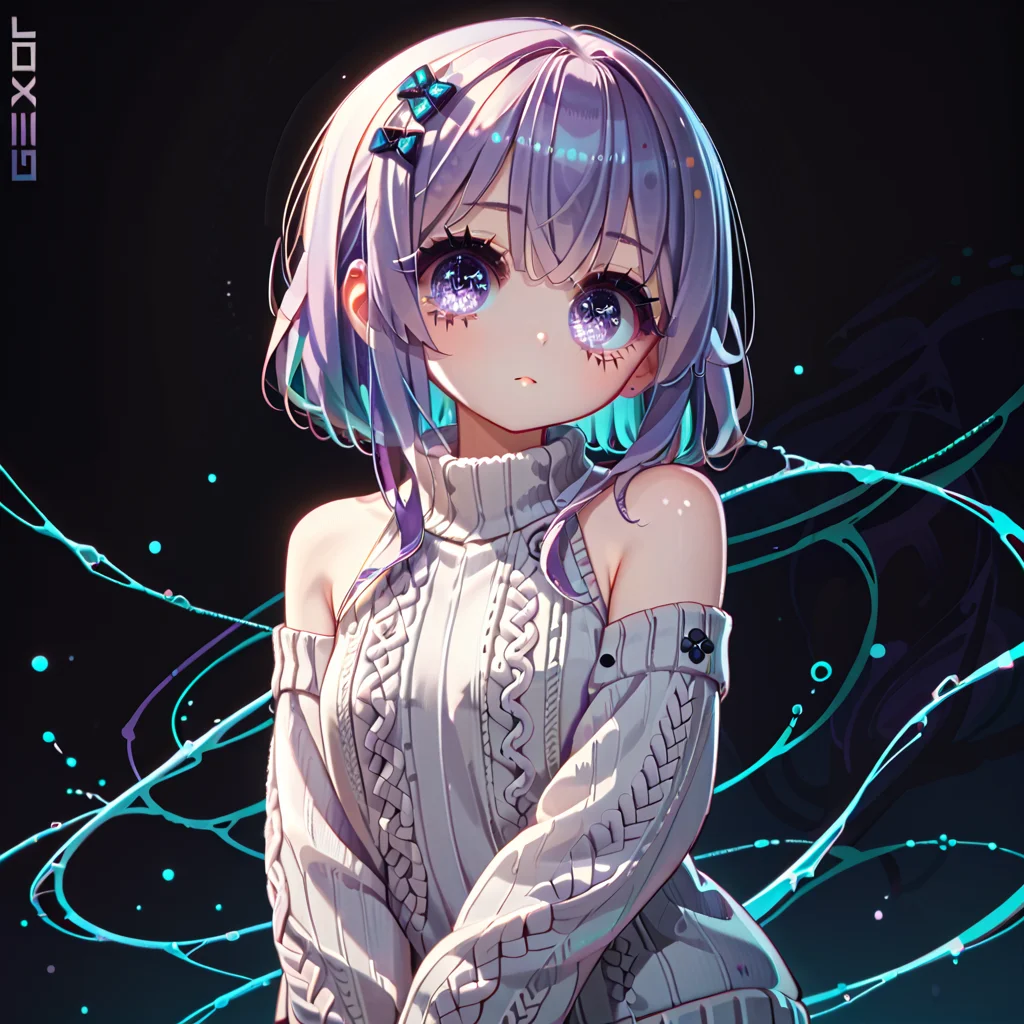 embedding:PonyScores7, 1girl, purple hair, teal inner hair, white eyes, deepskyblue and chartreuse theme, mediumblue virgin killer sweater, , eyesHD <lora:Geoxors_Covers_Art_Style:1> <lora:Detailer\Eyes_High_Definition:0.9>