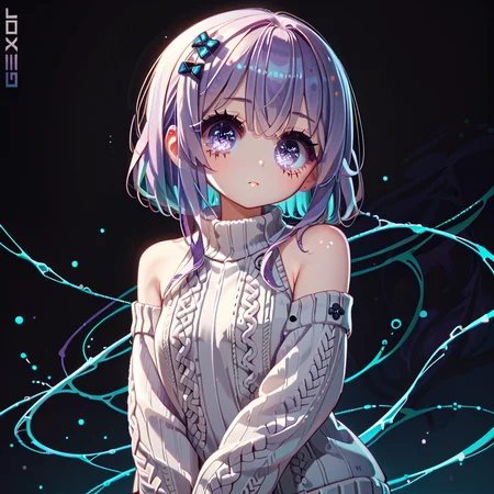 embedding:PonyScores7, 1girl, purple hair, teal inner hair, white eyes, deepskyblue and chartreuse theme, mediumblue virgin killer sweater, , eyesHD <lora:Geoxors_Covers_Art_Style:1> <lora:Detailer\Eyes_High_Definition:0.9>
