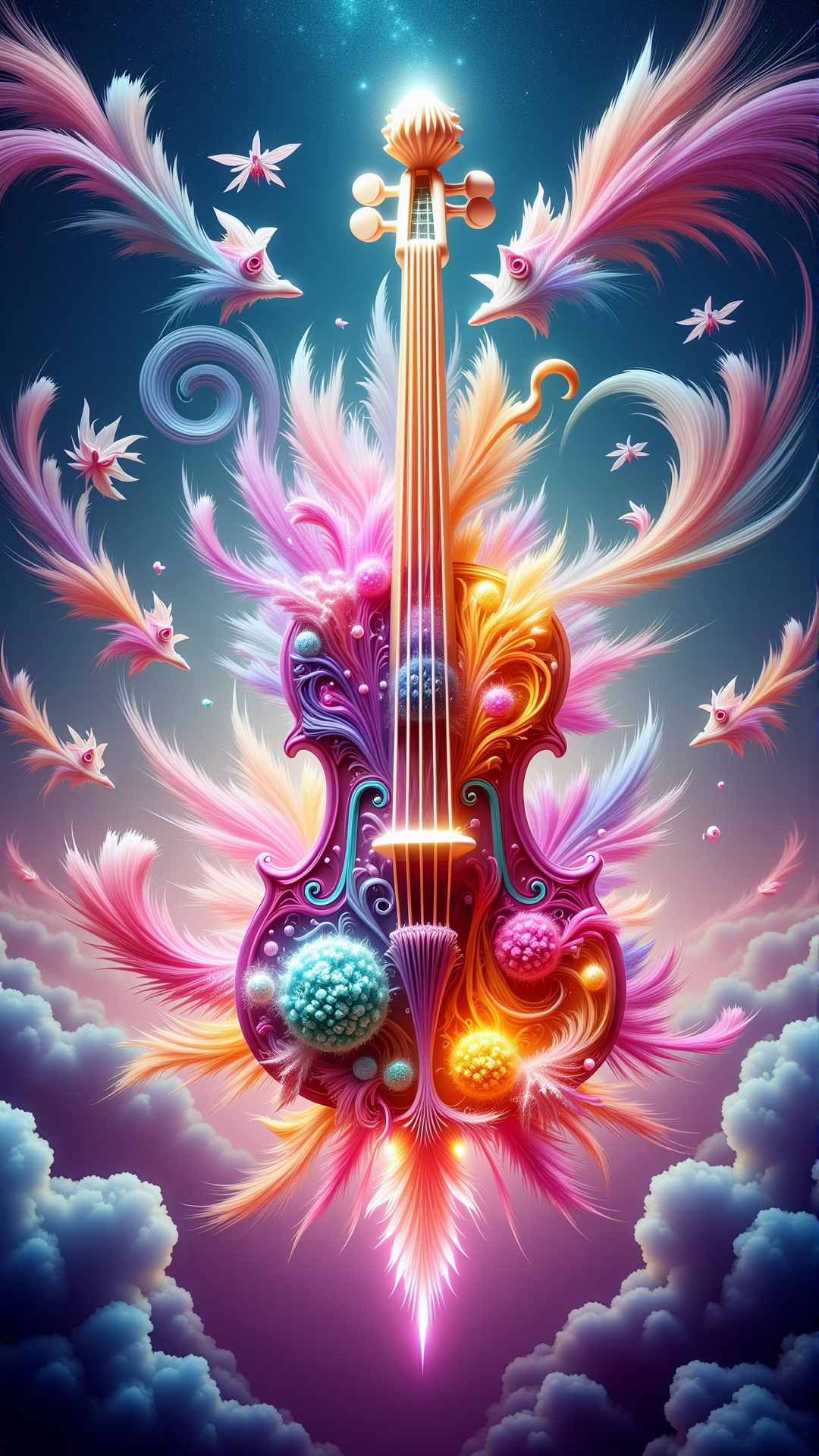 ElementMix Made from air element: Air A vibrant, blooming archipelago of interconnected, iridescent islands, each one uniquely shaped like a musical instrument, suspended in mid-air amidst a kaleidoscope of swirling clouds and shimmering starlight, with delicate, lace-like bridges and ethereal, glowing aquatic creatures weaving in and out of the intricately carved, crystalline structures that dot the islands' surfaces, as if the very fabric of reality has been woven into a celestial, dreamlike symphony.
<lora:ElementMixFlux:0.9>