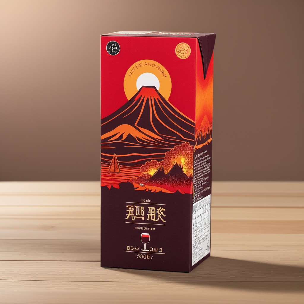 A paper box of red wine beverage featuring a volcano design on the exterior packaging. The box is placed on a rustic wooden table. The lighting is warm and focused on the box to highlight the volcano design. The colors are rich and vibrant, emphasizing the reds and oranges of the volcano. The style is hyper-realistic, capturing the texture of the paper box and the intricate design. The composition is shot with a high-resolution camera and a wide-angle lens to capture the details,<lora:boxdrinks:0.55>