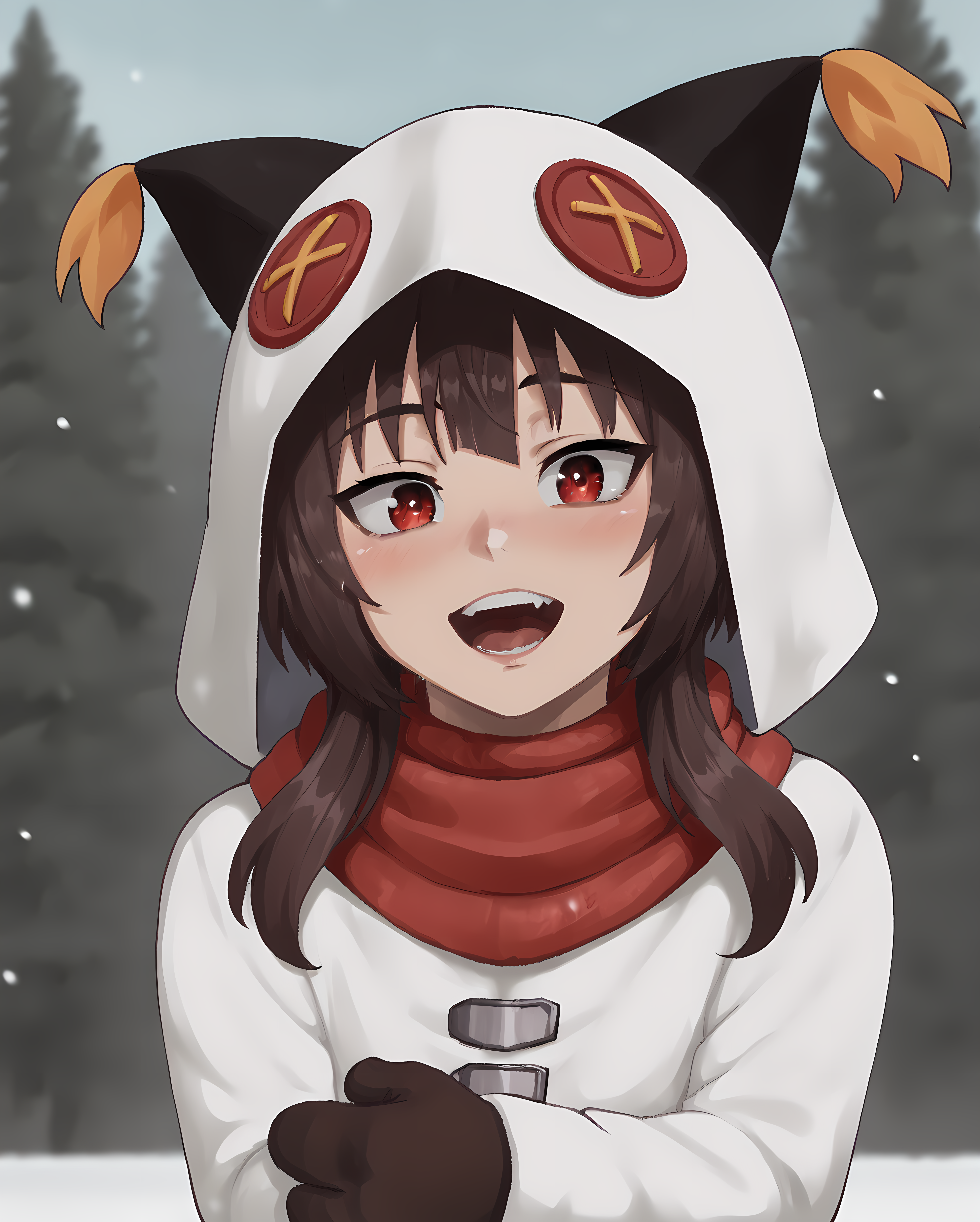 score_8_up, score_7_up, score_6_up, score_5_up, score_4_up, anime screencap,
 <lora:Megumin Winter (SDXL):0.7> 1girl, solo, megumin, white parka, short hair, brown hair, red eyes, (black bodysuit:0.8), red scarf, white hood, brown mittens, 
 <lora:Nyantcha (Autism Mix XL):1> nyantcha, 
forest, snow, upper body, looking at viewer,