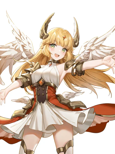 1girl,solo,looking at viewer,mijiale,simple background,white background,green eyes,blonde hair,cowboy shot,,head wings,white dress,smile,pointing_at_viewer,<lora:mijiale-000014:1>, masterpiece, best quality, very aesthetic, absurdres,newest, incredibly absurdres,