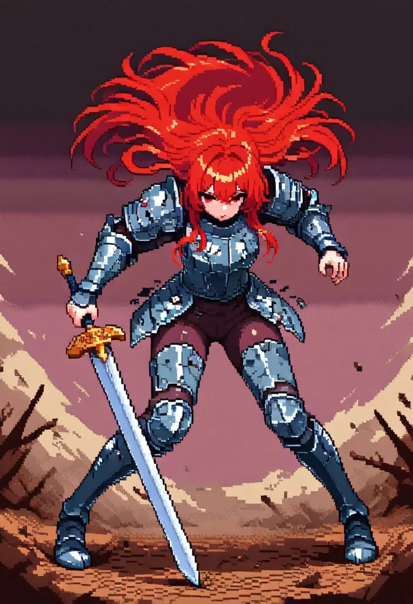pixeldream, 1girl, destroyed armor, long red hair, long sword, heroic pose,