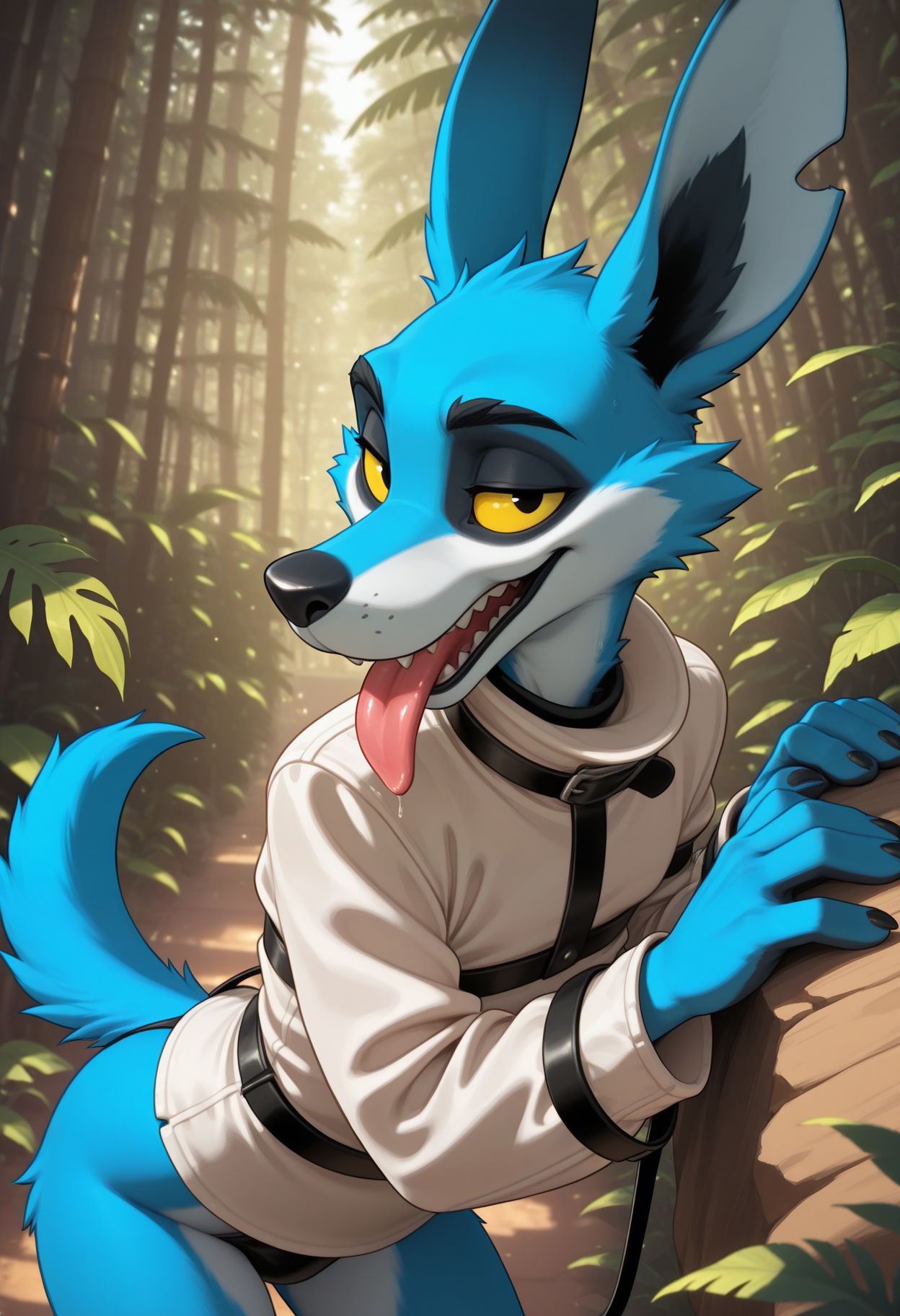 masterpiece,best quality,amazing quality, 1boy, solo, r00, furry, white straitjacket, black eyes, colored sclera, black eyes, tongue out, tongue out, blue fur, close up, side angle,
jungle, 