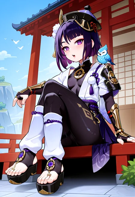 IllustriousQual <lora:StS-Illustrious-Detail-Slider-v1.0:2> <lora:cfg_scale_boost:0.3>,detailed_background,outdoors,bird on shoulder,white trim,black bodysuit,oishii sasa,tilted headwear,three quarter view,pom pom \(clothes\),anemo symbol \(genshin impact\),kimono,toenails,fingernails,zouri,closed mouth,eyeshadow,mandarin collar,blue sky,open kimono,arm at side,leggings,purple hair,kote,stirrup legwear,genshin impact,shoulder peek,toeless footwear,hakama,toes,white leg warmers,japanese clothes,makeup,black footwear,knee up,red eyeshadow,animal,1boy,eyeliner,crossed legs,leg warmers,gold ring,han&