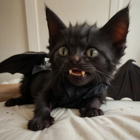 score_9, score_8_up, score_7_up, score_6_up, score_5_up,
best quality, masterpiece,
catbat, no humans, animal focus, black cat, bat wings, cute, fangs, angry,
full_of_soup, kitten, closed mouth, animal focus, lying, dutch angle,