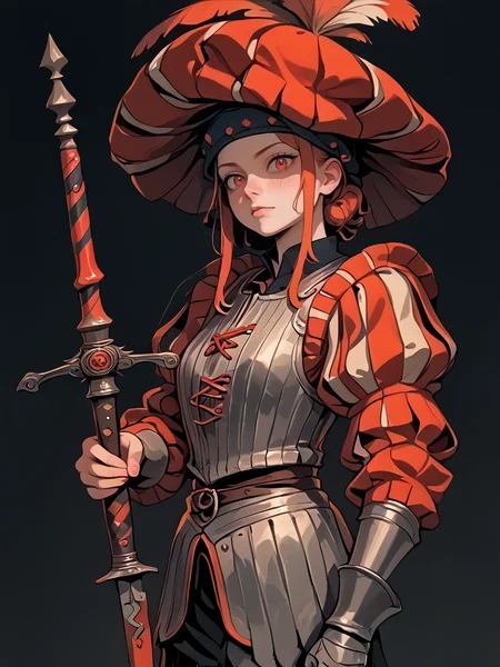 <lora:Landsknecht:1> landsknecht, weapon, sword, hat, armor, 1girl, puffy sleeves,, <lora:Gothic:1> red, black background, red outline,