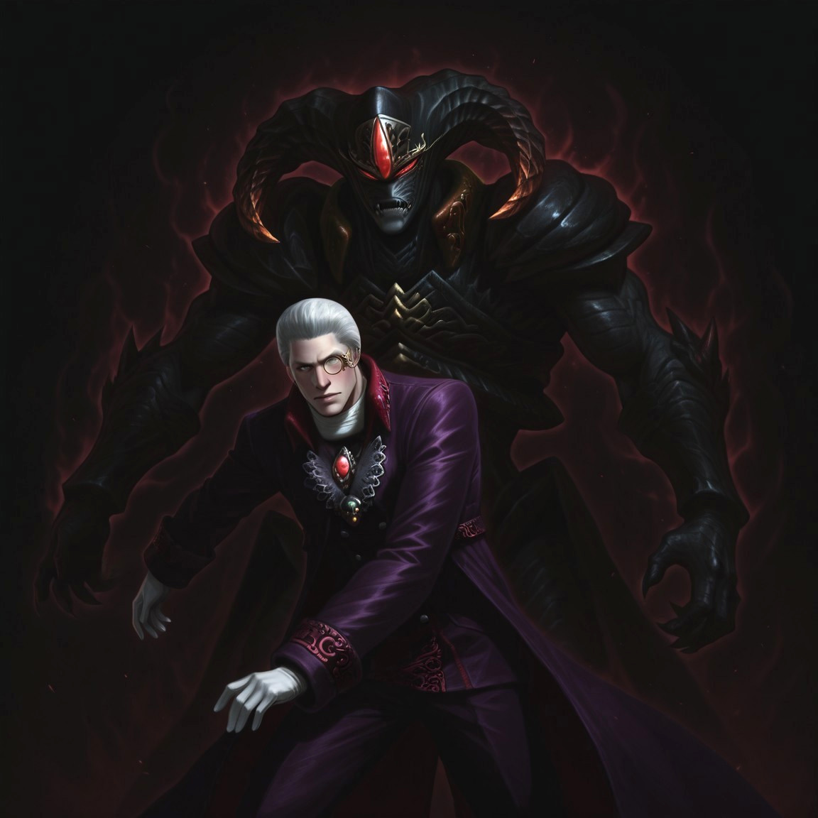 BREAK, ((Sparda, white hair, short hair, grey eyes, monocle,purple coat, brooch, white gloves, pants,))