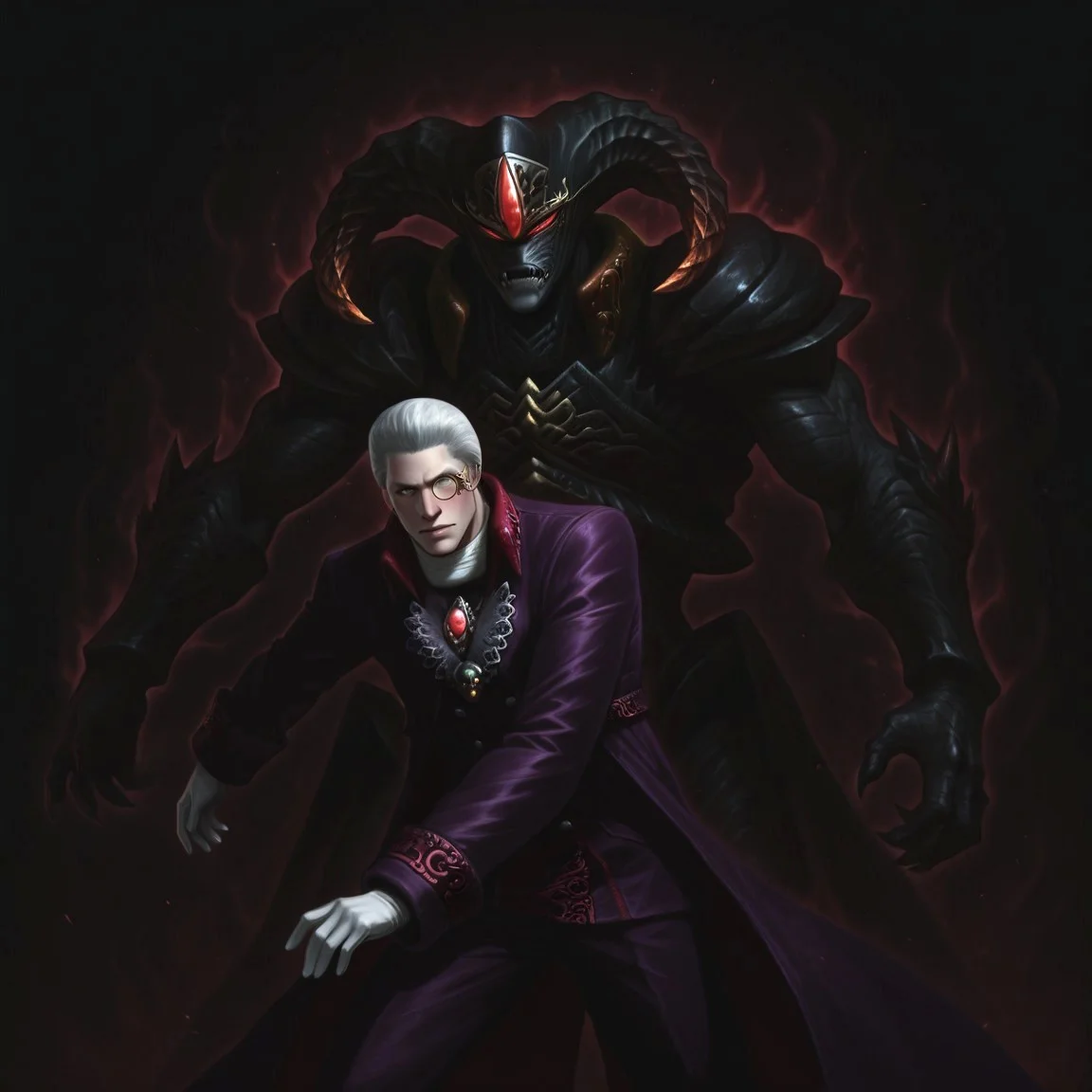 BREAK, ((Sparda, white hair, short hair, grey eyes, monocle,purple coat, brooch, white gloves, pants,))