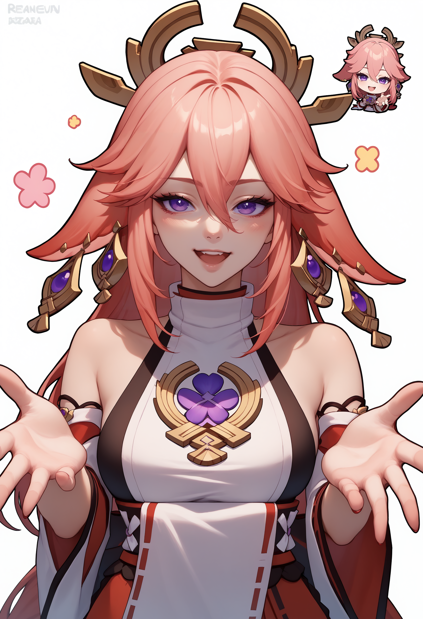 score_9, score_8_up, score_7_up, sticker, chibi, reference inset, <lora:GenshinImpactStickerRedraw_pdxl_Incrs_v1:1.2>, white background, yae miko, <lora:Beckoning_XLPD:0.8> beckoning, reaching towards viewer