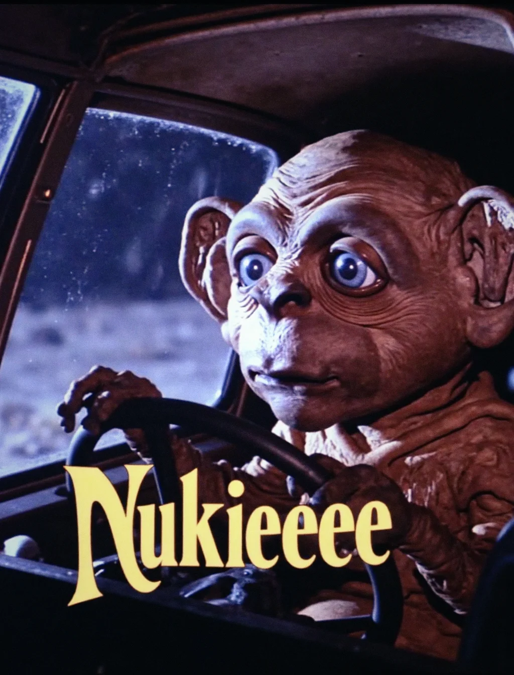 A close-up photo where Nukie the knockoff alien appears stoned in the cockpit, cruising through space, with an overlayed radical 1980s style logo with "Nukieeeeee" across it.