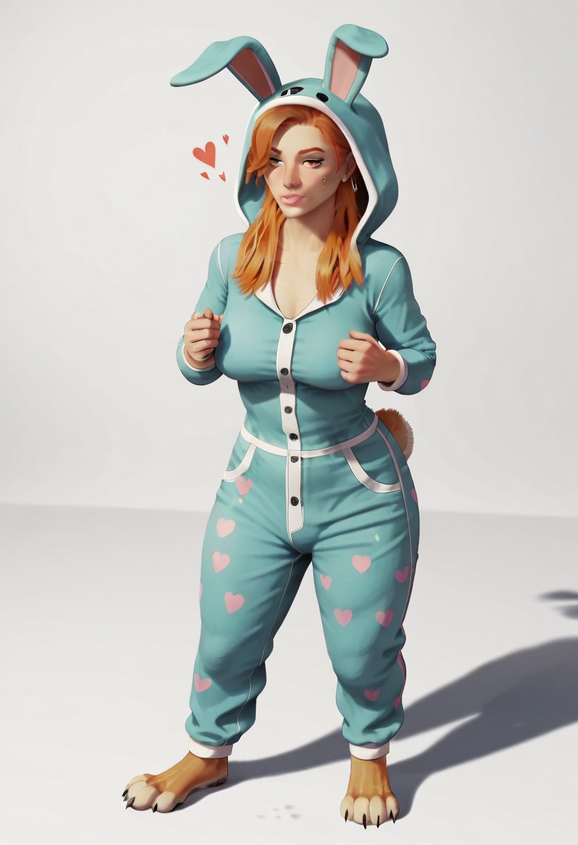 score_9, score_8_up, score_7_up, score_6_up, score_5_up,  <lora:RabbitonesieXLP:0.8>,Connie Taylor,orange hair,rabbit onesie, rabbit costume, rabbit ears, hood,paws, rabbit tail, solo, 1girl, curvy,pajamas , heart