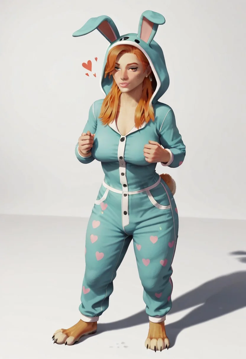 score_9, score_8_up, score_7_up, score_6_up, score_5_up, <lora:RabbitonesieXLP:0.8>,Connie Taylor,orange hair,rabbit onesie, rabbit costume, rabbit ears, hood,paws, rabbit tail, solo, 1girl, curvy,pajamas , heart