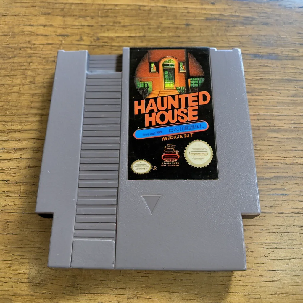 nes videogame cartridge, Haunted House, english text, no humans, solo,  parody <lora:nes:1>