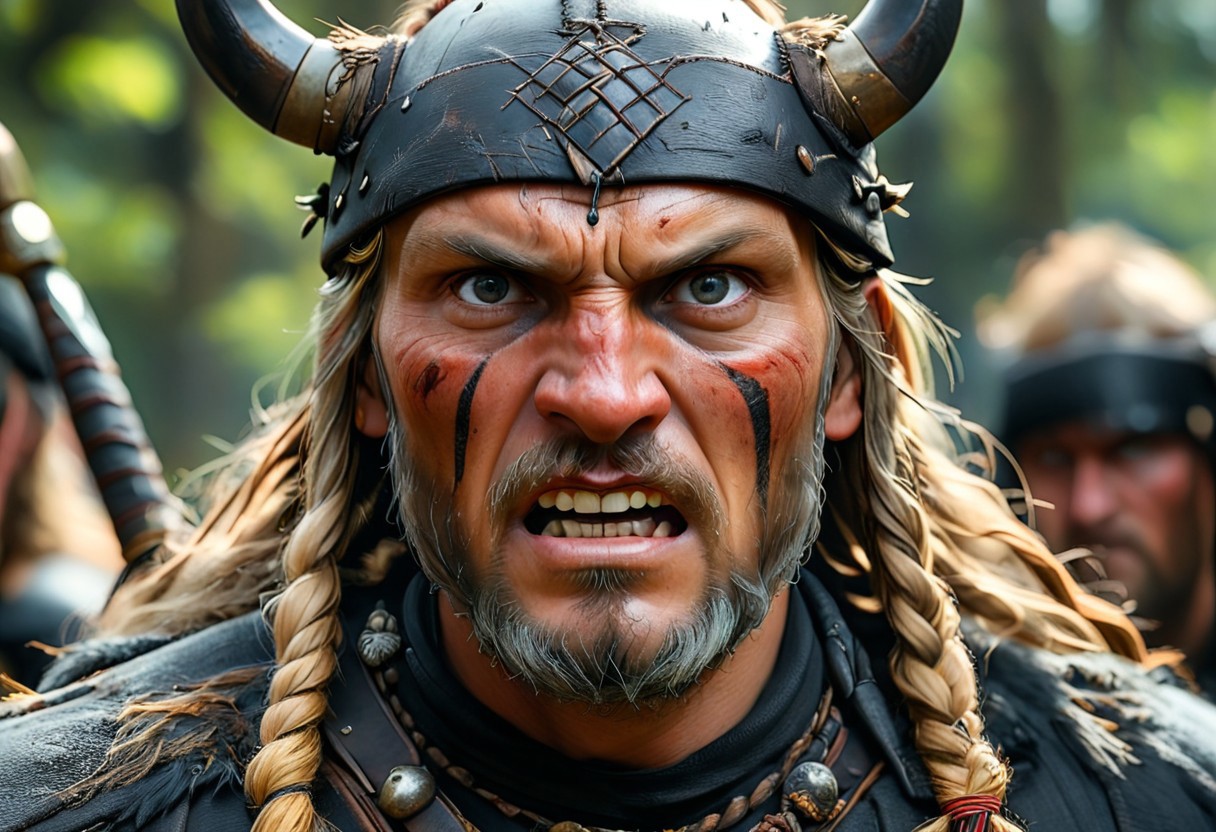 Human man face, North Viking with folk clothed on head and have black accessories, warrior with agresive emotional, photorealistic, photography lighting, extremely detailed, shot on Sony A7R V with Leica lens, corvidfolk