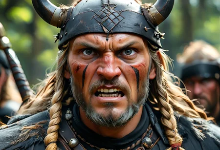 Human man face, North Viking with folk clothed on head and have black accessories, warrior with agresive emotional, photorealistic, photography lighting, extremely detailed, shot on Sony A7R V with Leica lens, corvidfolk