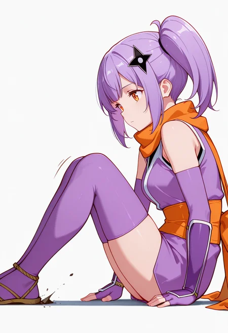 masterpiece,high quality details, absurdres,
seated with legs outstretched,one hand on the ground,walking motion,
 <lora:Satoko_Kusagakure:0.9>
satoko_cnr, 1girl, purple hair, long hair, side ponytail,orange eyes,hair ornament,sidelocks,enh_cnr,
satoko_s1, ninja, japanese clothes,short kimono, sleeveless, sash, scarf, purple thighhighs, sandals, fingerless gloves, elbow gloves,, simple background, white background, from side,solo,, despair,color drain,, =v=,