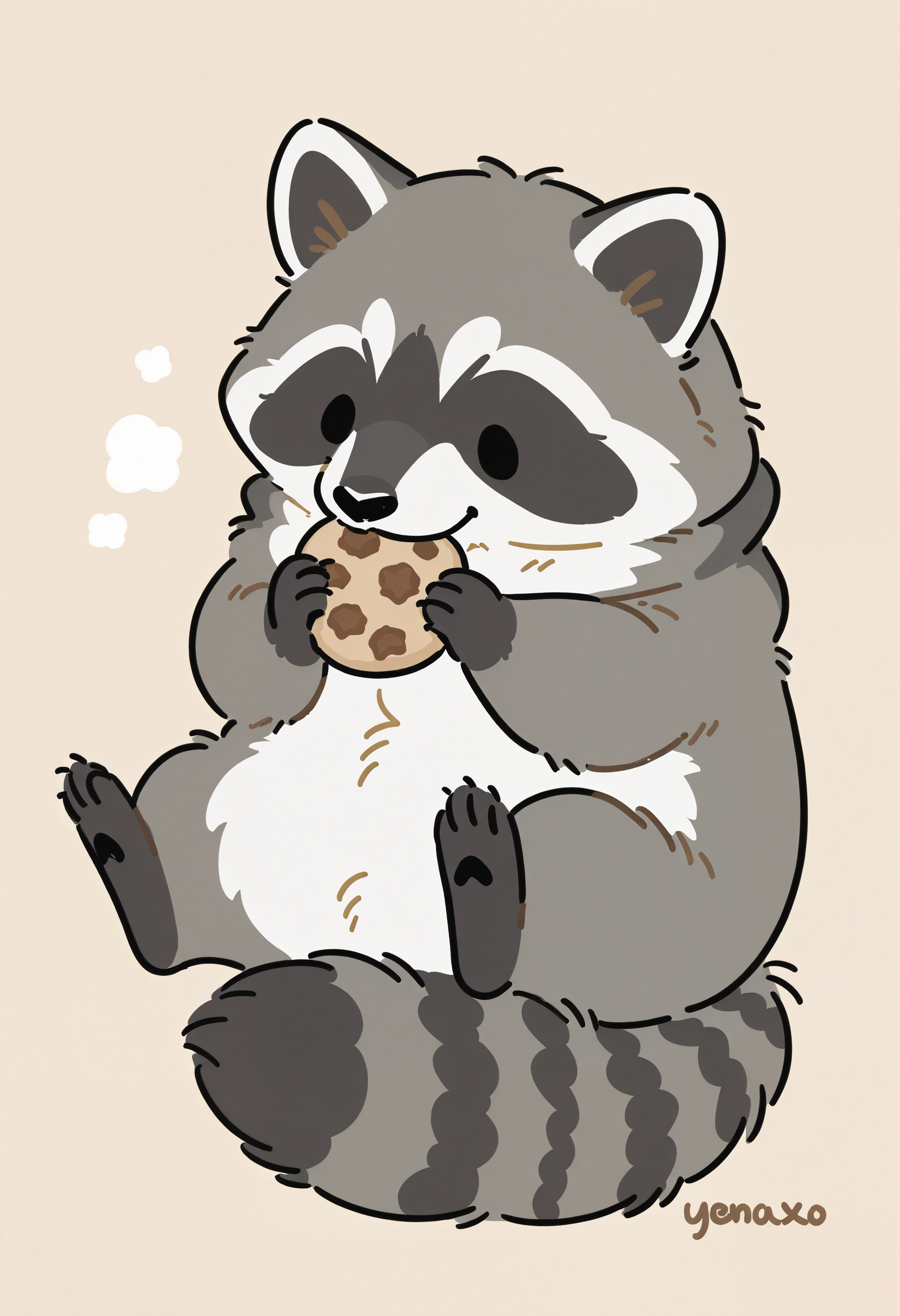 raccoon, no humans, animal focus, holding cookie, cute