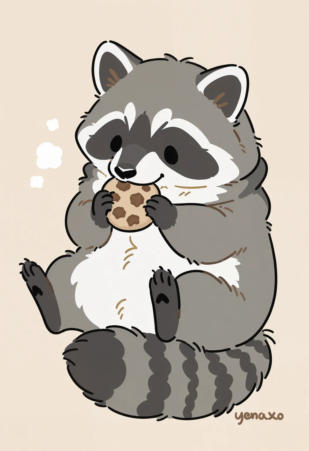 raccoon, no humans, animal focus, holding cookie, cute