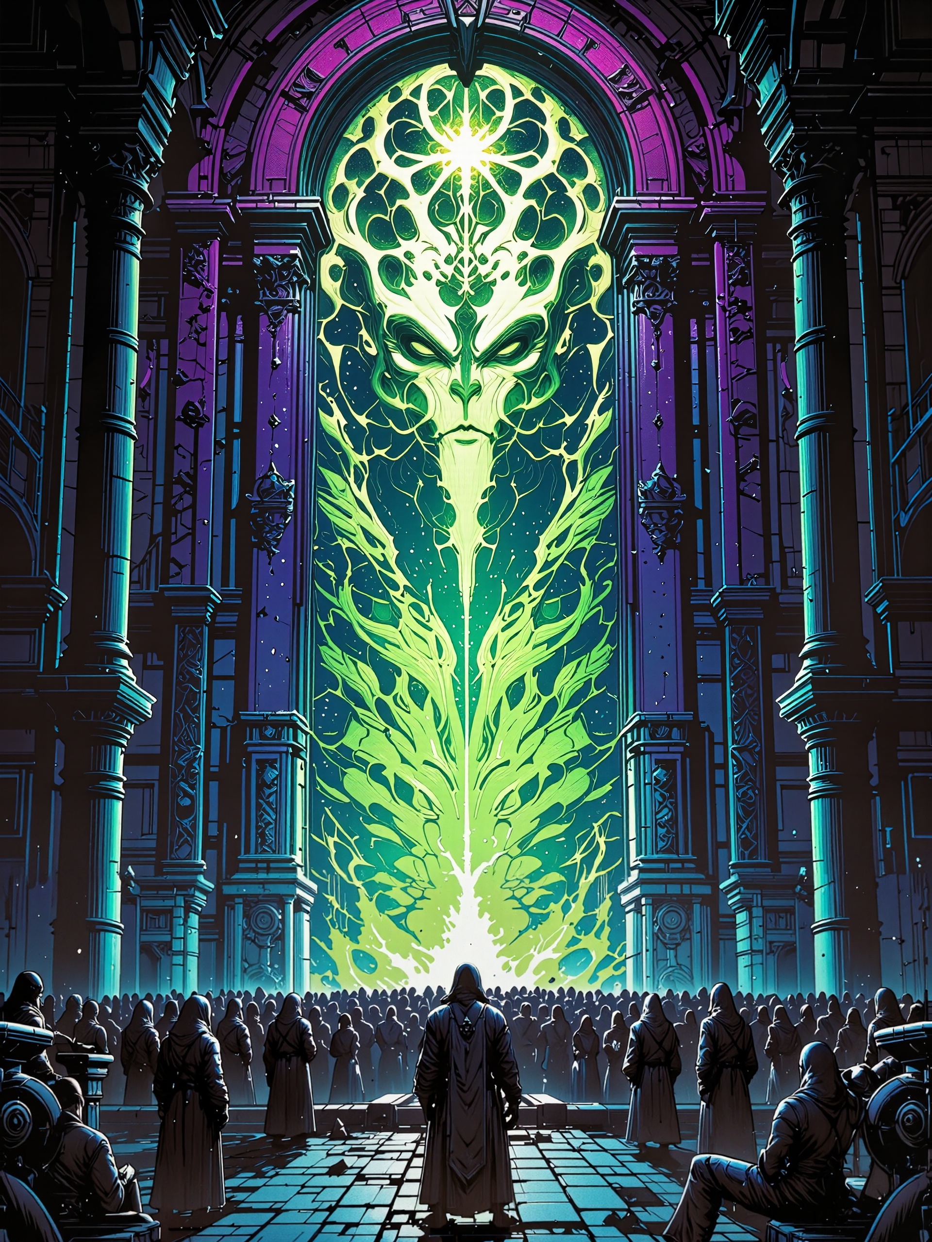 famous fantasy painting of a strange eldritch portal, archway, magic portal, a crowd of hooded robed figures gathers around the mysterious structure, highly aesthetic, high resolution, hyper realistic, 8k, 4k, low angle view, dramatic composition, epic, accurate, at night, dim lighting, beckoning, the children of the night, the spirits of the undead, and the lesser lights, now the time has come to reach out, we must heed their calls, when strange gateways beckon, obsidian black and indigo blue and plum purple and chartreuse, deadly yet beautiful, ancient temple background with ominous lighting, crawling chaos, eldritch vapors, eldritch glow, ethereal light, lovecraftian, cthulhu mythos, dvr-dm-flux, g0thicl1nes, <lora:style-dan_mumford-flux-by_dever:0.8> <lora:style-mythic_fantasy-gothic_lines-flux-by_velvets:0.88> <lora:style-retro_anime-flux-by_lizardman245:0.24> <lora:epic_gorgeous_details-balance-flux-by_flyway:0.48>