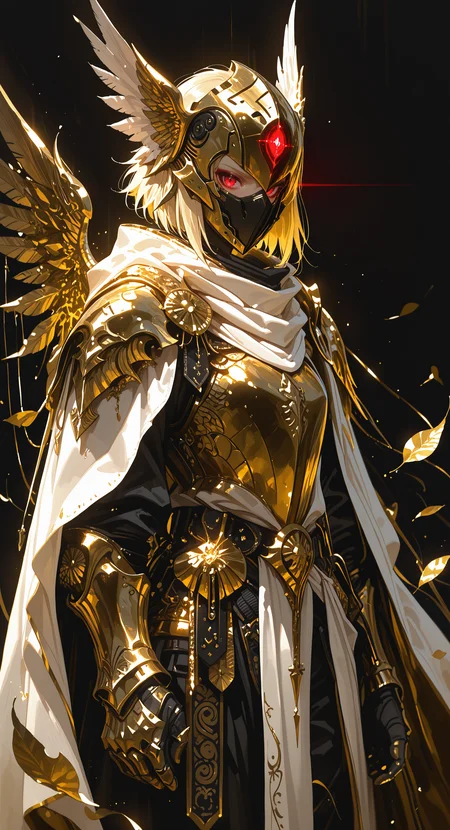masterpiece, best quality, good quality, very awa, newest, highres, absurdres, 1girl, solo, looking at viewer, short hair, blonde hair, red eyes, cowboy shot, wings, cape, armor, mask, glowing, leaf, helmet, head wings, gauntlets, breastplate, white cape, winged helmet, gold armor, limited palette, h4ra_illu <lora:illustriousXL_stabilizer_v1.23:0.3> <lora:NOOB_vp1_detailer_by_volnovik_v1:0.3> <lora:ponyv6_noobE11_2_adamW-000017:0.3> <lora:114558v4df2fsdf5:0.6> <lora:XXX667:0.4> <lora:-_iLL_-_the_edgy_mech_V2.0-:0.8>