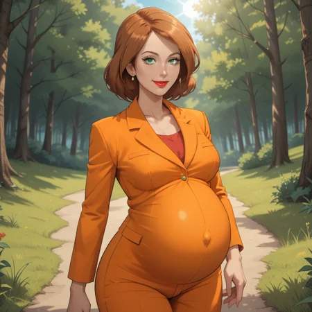 score_9, score_8, BREAK, solo, light brown hair, green eyes, red lips, lipstick, earrings, orange suit, orange pants, orange slippers, breasts, Scarlet_(Sonic_X), adult female, mature female, breasts, (((pregnant))), sexy pose, self portrait, smile, outdoors, sunlight, shadows, evening lighting, natural lighting, forest, trees, grass, orange sky, sunset