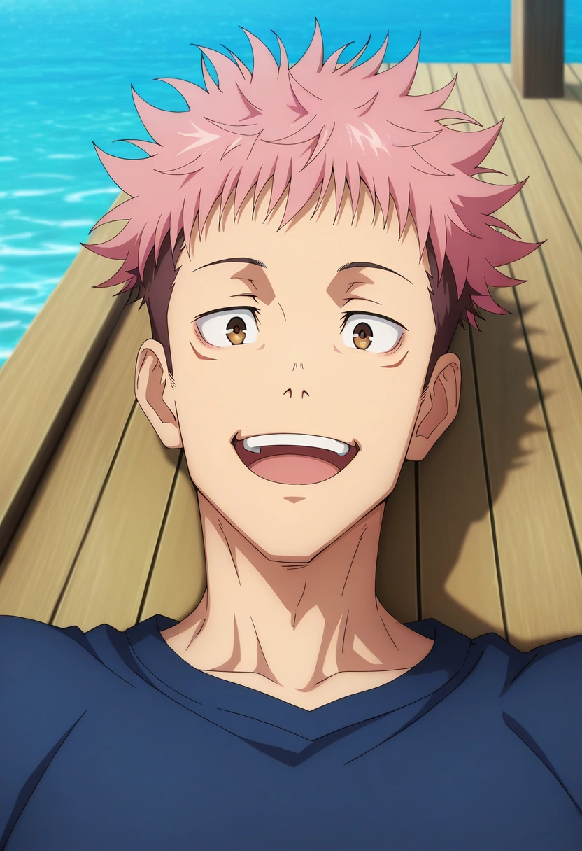 masterpiece, best quality, intricate details, anime screencap, anime coloring, official style, looking at viewer, 1boy, solo, male focus, <lora:yuuji_itadori_ilxl:0.98>, yuuji_itadori, pink hair, brown eyes, short hair, undercut, spiked hair, asymmetrical, dock, day, lying, on back, laughing, ,