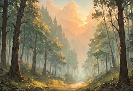 score_9, score_8_up, score_7_up, score_6_up, lanscape, very Peaceful, forest, large and tall trees, giant forest, sunset central focus is an ancient old oak tree