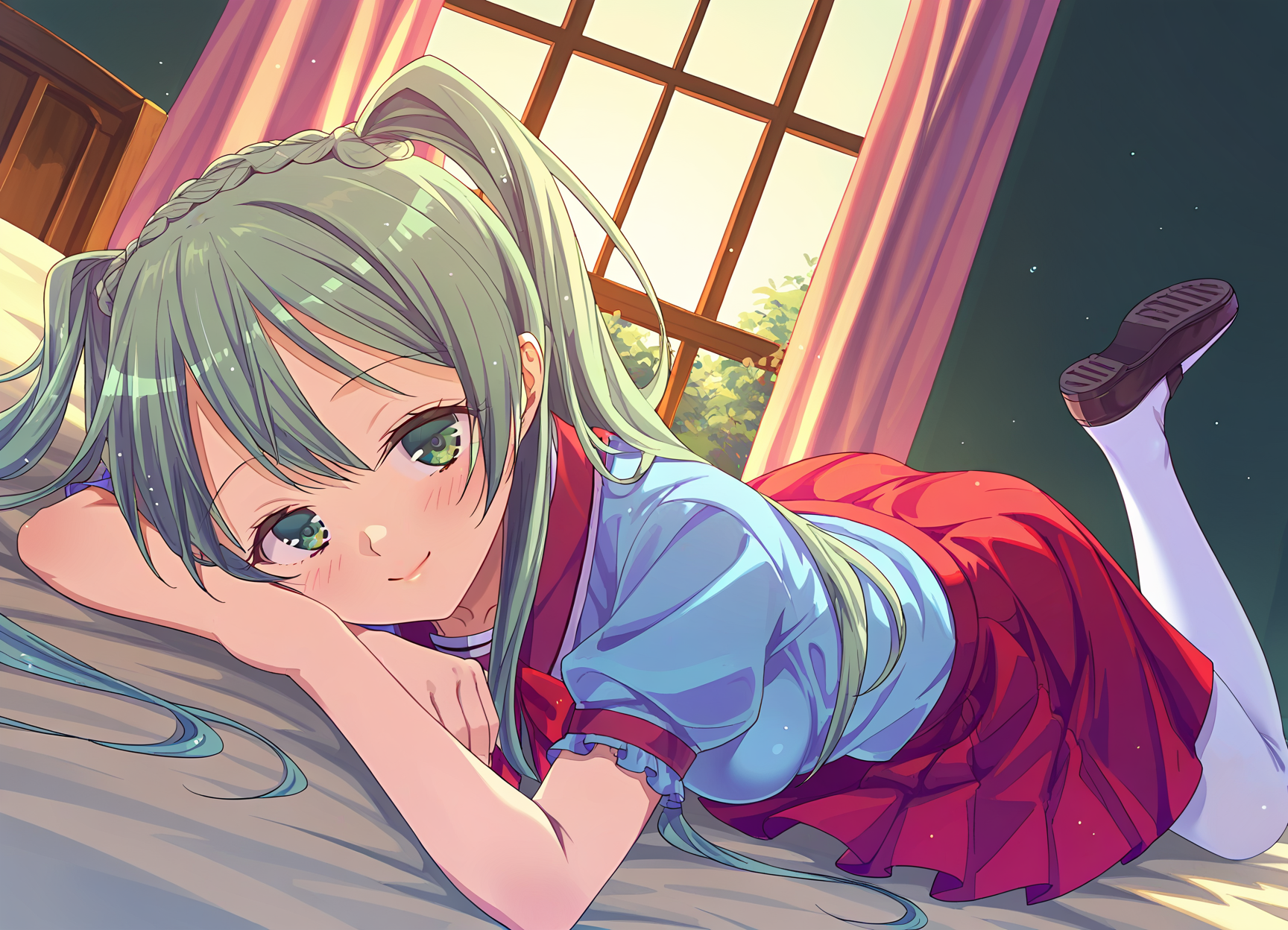 score_9, score_8_up, score_7_up, masterpiece, best quality, absurdres, official art, official style, (anime screencap, megami magazine:1.2), zPDXL2, zPDXLxxx, <lora:Lip Gellsalk Senglucul (Silky Lip) Pony v1_epoch_10:1.0>, 1girl, solo focus, silkylip, magical girl, BREAK, green eyes, BREAK, green hair, long hair, twintails, braid hair tie, BREAK, school uniform, BREAK, red ribbon, BREAK, red skirt, miniskirt, BREAK, white thighhighs, BREAK, shoes, BREAK, <lora:neg4all_bdsqlsz_xl_V91:1.0> <lora:ALTXL_pony_0061_8:2.0>, <lora:detailed_hands-000002:1>, hand bedroom, on bed, bed sheet, morning, dim lighting, light particles, on stomach, from above closed eyes, smile, looking at viewer,