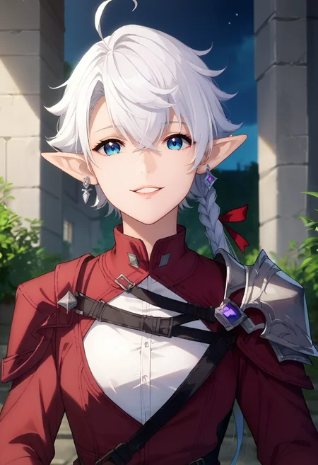 PonyXLV6_Scores ,source_anime, masterpiece,best quality, highly detailed,<lora:xl_more_art-full_v1:0.8>,cinematic,<lora:anime_screencap:1>fine anime screencap_xl, anime screencap
BREAK
<lora:alise:0.8>alise,1girl, elezen, solo, elf, pointy ears, blue eyes, gloves, fingerless gloves, jacket, long hair, red gloves, looking at viewer, hair ribbon, earrings, jewelry, red jacket, earclip, ahoge, braid, ribbon, bangs, white hair, parted lips, single earring, upper body, smile, shoulder armor, long sleeves, shirt, white shirt, armor, hair between eyes, single braid,