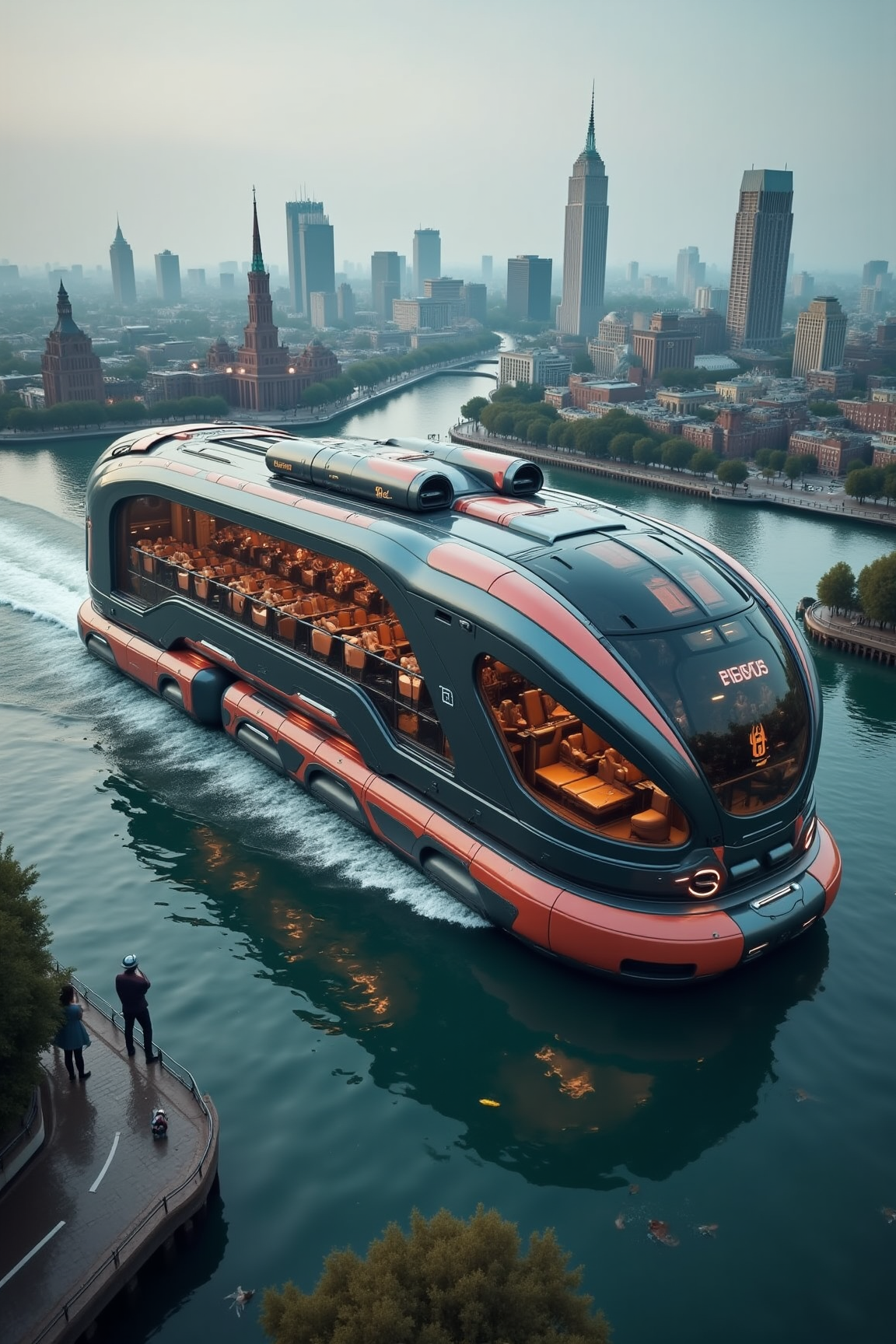YFG-R1gs, An autonomous, amphibious bus, its hull designed to transform into a high-speed catamaran, traverses a flooded cityscape. The bus's passengers, seated in comfortable, waterproof compartments, watch as the city's submerged landmarks glide by. The vehicle's AI navigates the complex network of flooded streets, avoiding debris and submerged obstacles. The surrounding environment is a surreal blend of urban ruins and aquatic life.