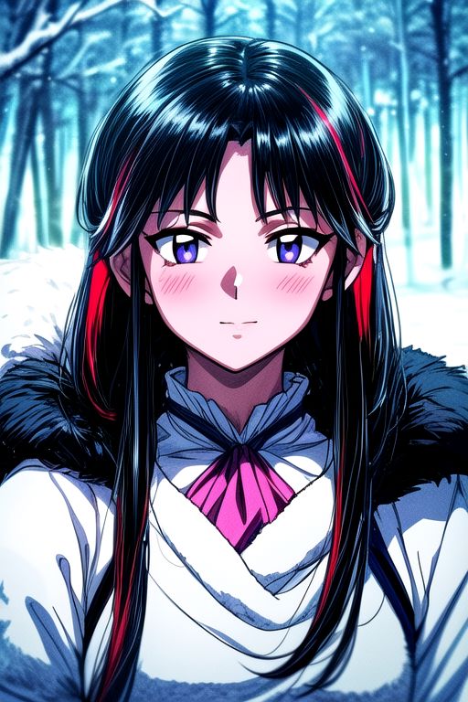 1girl Setsun4 solo long hair,  black hair very long hair purple eyes multicolored hair armor (fur trim) (medium body),<lora:EMS-179-EMS:0.800000>,<lora:EMS-293862-EMS:0.800000> bow, hair_bow, hair_tubes, red_bow, brown_hair, long_hair, bangs, ascot, frilled_bow, yellow_ascot, blush, smile, hair_between_eyes, athletic, (masterpiece:1.1), (best quality:1.1), 1girl, Real light and shadow, anime face, 4k, 8k, wallpaper,epic, detail texture, black hair, (blue eyes:1.5), ((((black hair:1.35, medium hair)))),intricate eyes,beautiful detailed eyes,symmetrical eyes,big eyes:1.5,(((lustrous skin:1.5,bright skin: 1.5,skin tanned,shiny skin,very shiny skin,shiny body,plastic glitter skin,exaggerated shiny skin,illuminated skin))),(detailed body,(detailed face)), cute, erotic,daring, (((medieval man armor,adventurer man armor,winter coat))),(((intricate outfit,intricate clothes, ushanka, embroidered outfit,ornate outfit,embroidered clothes,ornate armor))), (dynamic pose:1.0),happy,smile,(centered,scale to fit dimensions,Rule of thirds), ((snowy pine forest at night)), with dark stormy clouds,winter,scenery:1.25,((snow forest background)),Christmas tree, highres,sharp focus,(ultra detailed,extremely detailed),(photorealistic artwork:1.37),(extremely detailed CG unity 8k wallpaper),(((vibrant colors,vibrant theme))),(intricate),(masterpiece),(best quality),