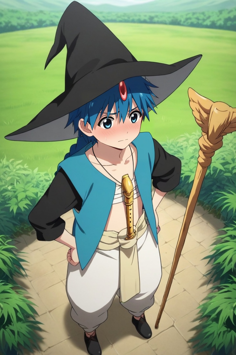 score_9, score_8_up, score_7_up, source_anime, rating_safe, , , , , 1boy, solo, male focus, <lora:aladdin_magi_pony:0.8>, aladdin_magi, blue hair, blue eyes, long hair, braid, single braid, hat, witch hat, staff, from above, hill, greenery, indoors, hands on hips, embarrassed, nose blush, , <lora:sdxl_lightning_8step_lora:1>