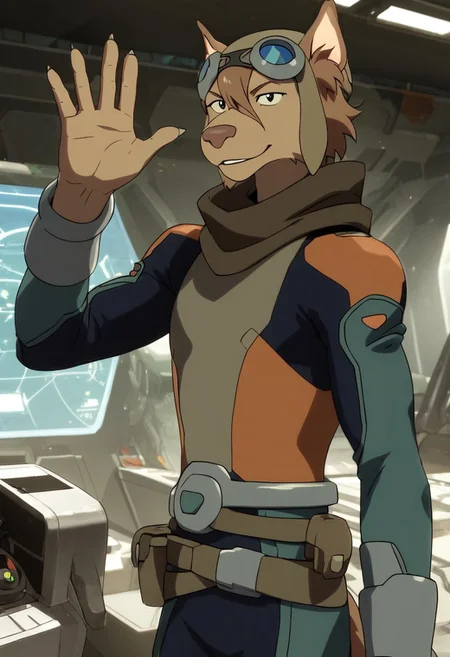 olia_voltron_goggles, 1girl, female furry, anthro, canide, golden fur, brown animal ears, brown hair, black eyes, small yellow tattoos on each cheeks, claws, long tail, pilot helmet and goggles, brown scarf, green and orange suit, pocket belt, score_9_up, score_8_up, score_7_up, standing, looking at viewer, smiling, smug, waving at viewer, female focus, ultra detailed, detailed background, spaceship cockpit background, masterpiece, best quality, 8k, Expressiveh, realistic, 3d,