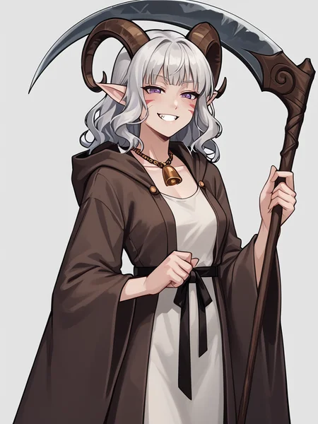 <lora:Scythe:0.8> holding Scythe:1.3, scythe,
source_furry, score_7_up, rating_safe, cowboy shot, gold necklace, tiefing, short pointed ears, brown horns, (a pair of brown sheep Horns that begin at her temples and curve back: 1.5), bangs, long silver hair long wavy hair, pale skin, <lora:whisker_markings:0.8>red whisker_markings ,short pointy ears, purple eyes, <lora:age_slider_v4:0.6> medium breasts, skinny female, silver hair, <lora:Tieflingnew weird fantasyDND:0.3> Tiefling, pointed ears, horns, half-closed eyes<lora:Smooth Style 2 SDXL_LoRA_Pony Diffusion V6 XL:0.5> bell, robe, hood off,
grin, fang