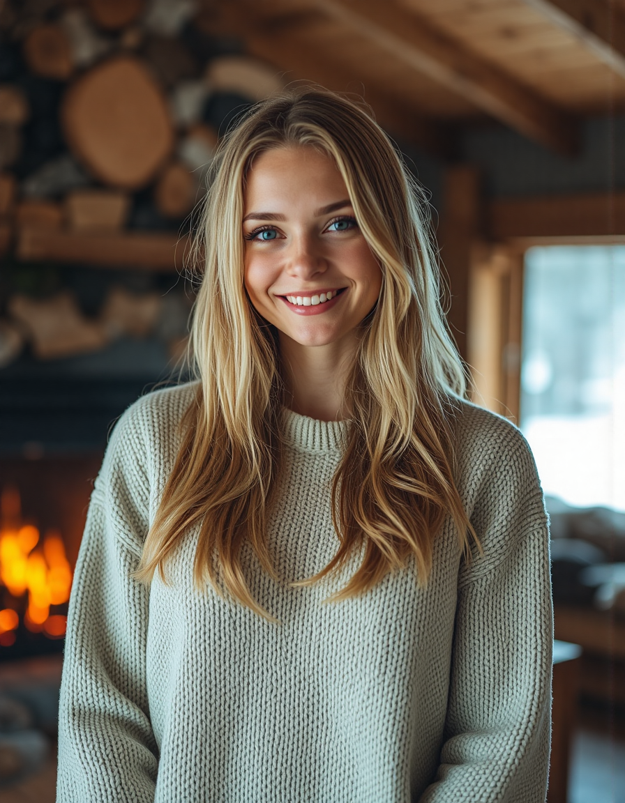 Hyperrealistic photoshot: (HaydenMixer is standing inside a ski hut, smiling, wearing knitted sweater, 32 years old, blonde hair, large bust), a fireplace in the background