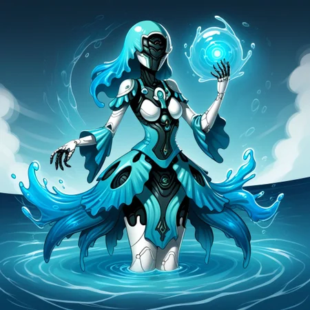 ocean background, 1girl, Yareli, robotic humanoid, aura, water