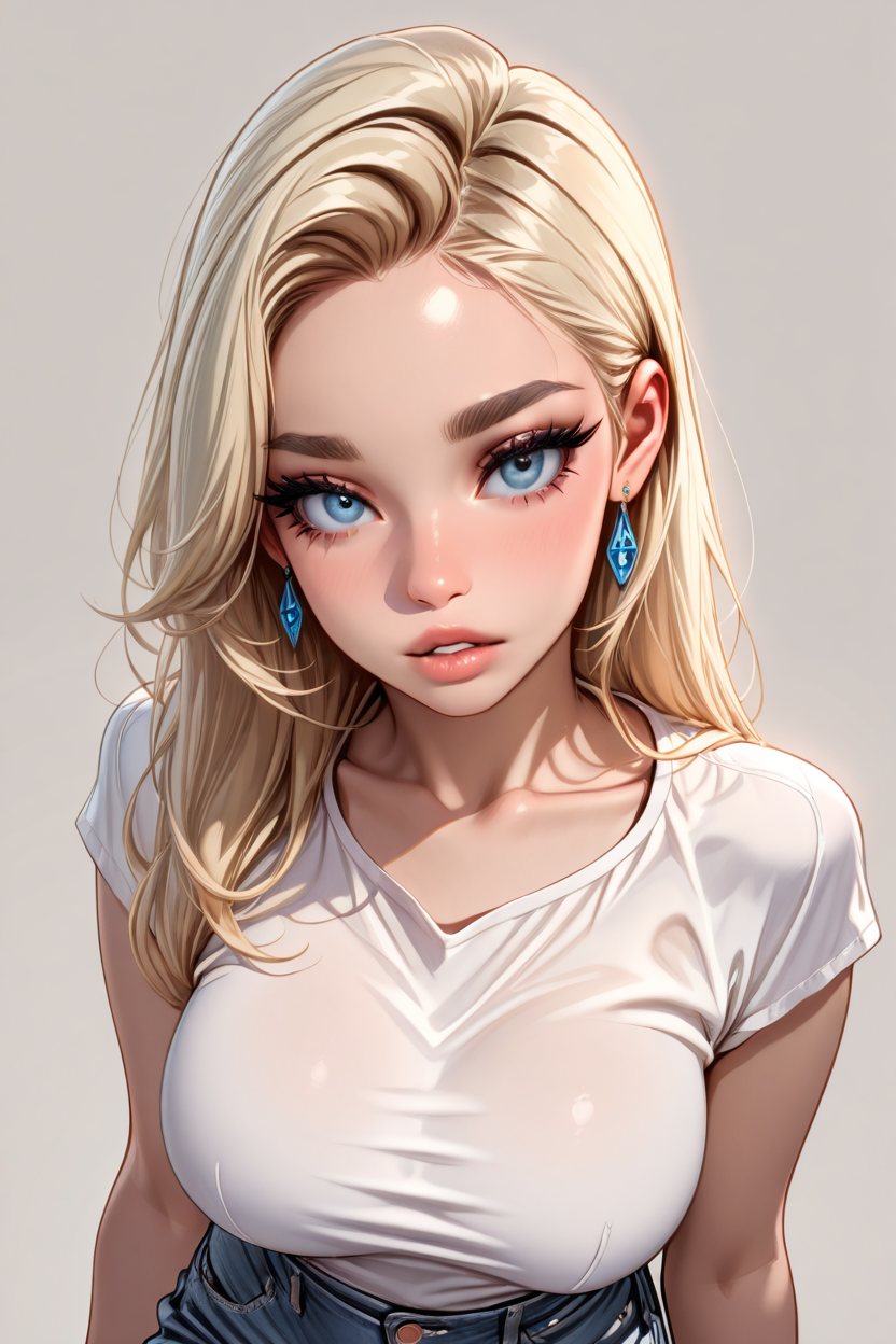 masterpiece, best quality, 1girl, solo, eyelashes, (beautiful eyes),   1girl, solo, long hair, breasts, looking at viewer, blue eyes, blonde hair, large breasts, simple background, shirt, jewelry, medium breasts, collarbone, white shirt, upper body, short sleeves, earrings, parted lips, pants, lips, eyelashes, thick eyebrows, denim, forehead, jeans, realistic  ,<lora:RealisticAnimeIXL_v2:1.0>