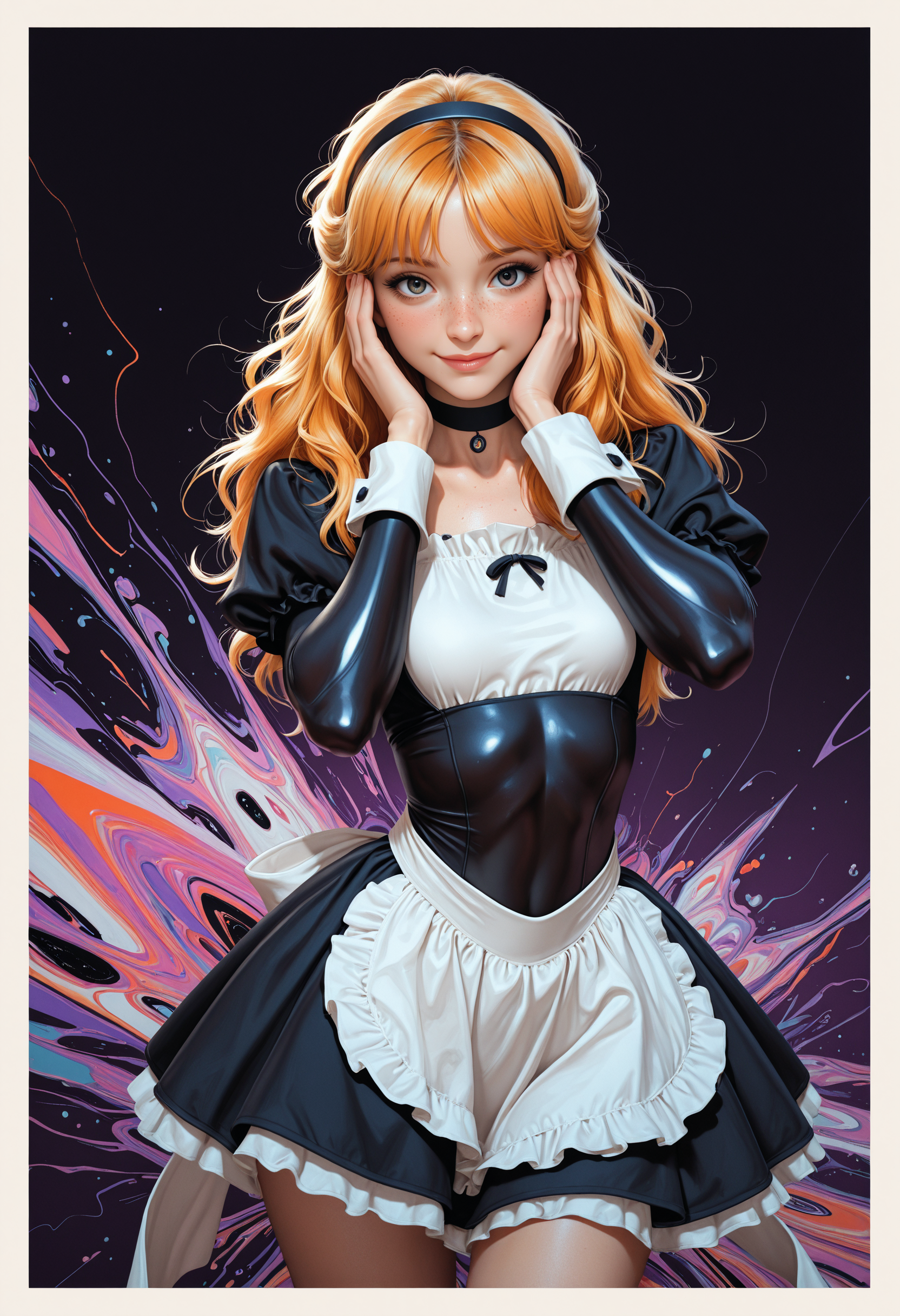 masterpiece, high_quality, highres, depth_of_field, subject_focus, 
PG, woman, innocent_smile, ginger_hair, blonde_hair, messy_hair, long_hair, half_updo, maid_hairband, maid_dress, skin_tight, eyelashes, sexy_pose, blush, hands_on_cheeks, dynamic_posinglow_squat, slim, choker, looking at viewer, cinematic, movie_shot, purple_background, white_background, black_background, fractal_background, abstract, dynamic, border_frame, thigh_up_shot, face_focus, freckles,