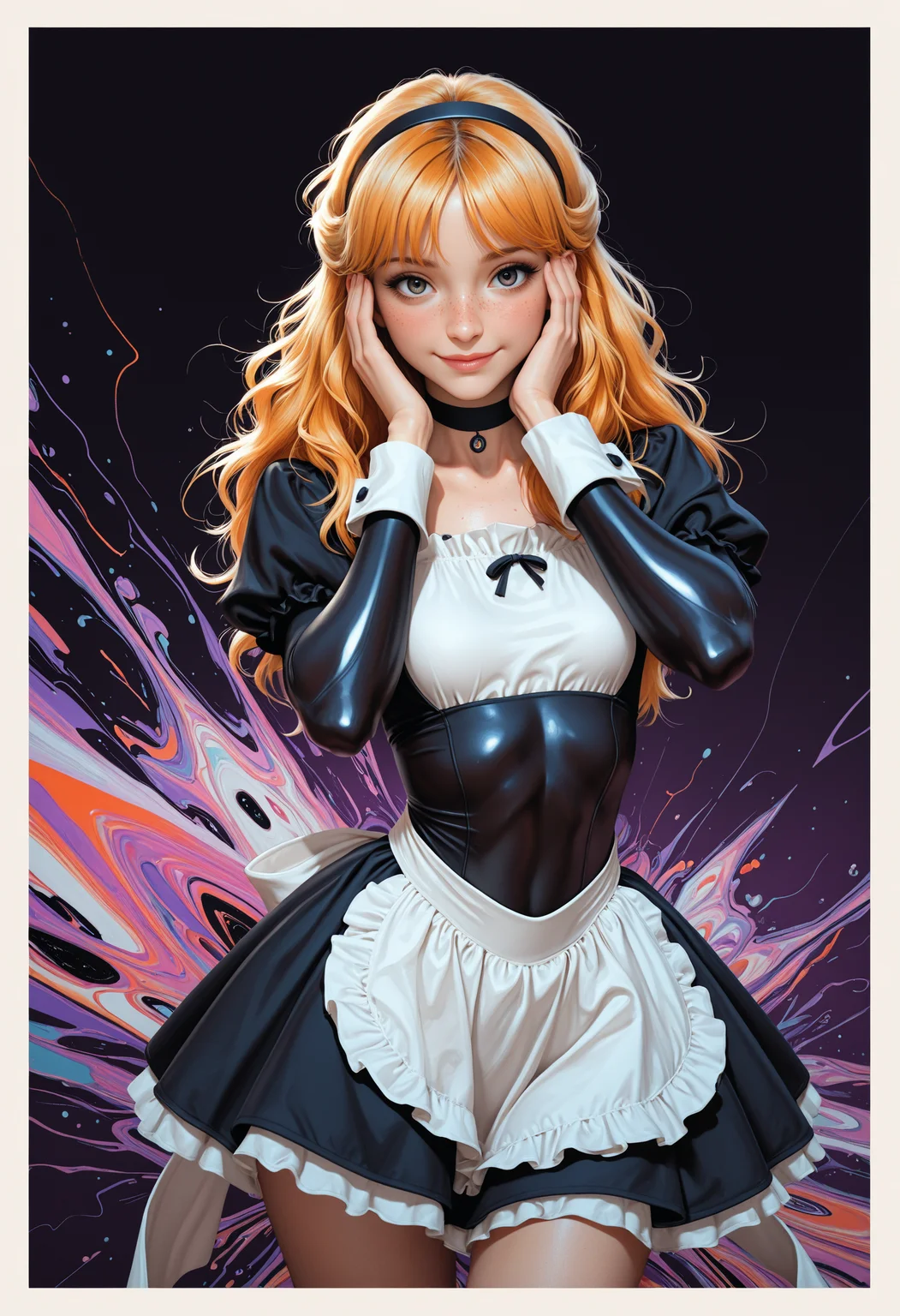 masterpiece, high_quality, highres, depth_of_field, subject_focus,
PG, woman, innocent_smile, ginger_hair, blonde_hair, messy_hair, long_hair, half_updo, maid_hairband, maid_dress, skin_tight, eyelashes, sexy_pose, blush, hands_on_cheeks, dynamic_posinglow_squat, slim, choker, looking at viewer, cinematic, movie_shot, purple_background, white_background, black_background, fractal_background, abstract, dynamic, border_frame, thigh_up_shot, face_focus, freckles,