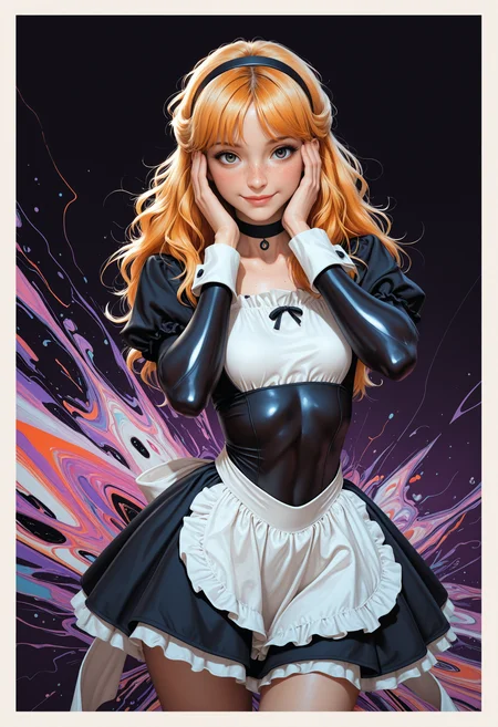 masterpiece, high_quality, highres, depth_of_field, subject_focus,
PG, woman, innocent_smile, ginger_hair, blonde_hair, messy_hair, long_hair, half_updo, maid_hairband, maid_dress, skin_tight, eyelashes, sexy_pose, blush, hands_on_cheeks, dynamic_posinglow_squat, slim, choker, looking at viewer, cinematic, movie_shot, purple_background, white_background, black_background, fractal_background, abstract, dynamic, border_frame, thigh_up_shot, face_focus, freckles,