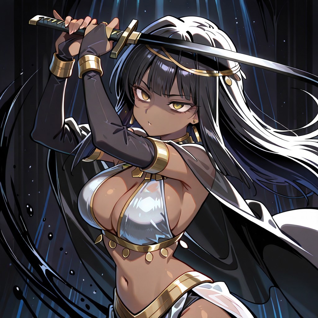 lazypos, 8k, best quality, masterpiece, cinematic lighting, dark moody background with black ink splashes, cel-shaded, highly detailed, expressive eyes, anime character portrait, dynamic composition, NEFEDANCERIL7, 1girl, breasts, dark-skinned female, long hair, bangs, yellow eyes, navel, black hair, jewelry, bridal gauntlets, gold hair ornament, earrings, silver black outfit, cleavage, breasts, see-through black cape, holding swords, dancing,