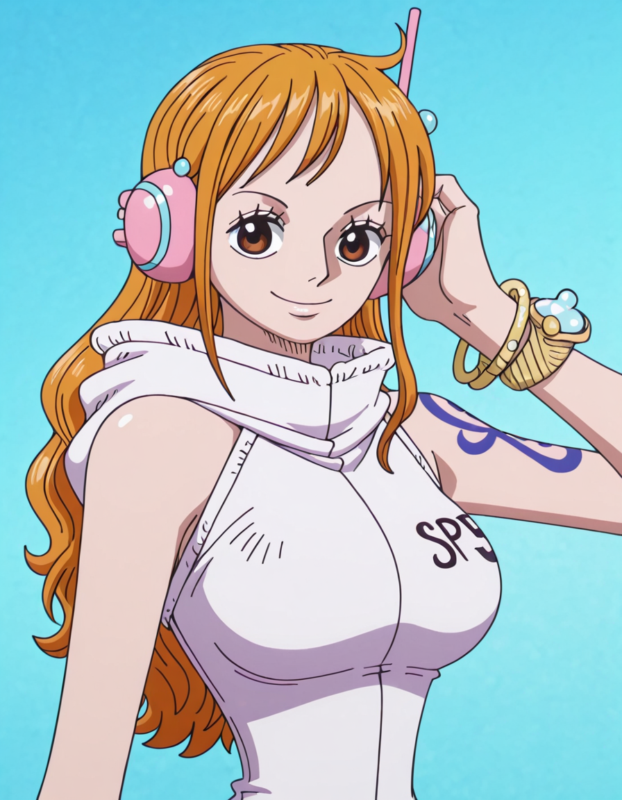 <lora:NamioutfitsIllustrios1.1JLFO:1> namiop, 1girl, long hair, orange hair, solo, breasts, brown eyes, egghead_island, bracelet, headphones, arm tattoo, hood,looking at viewer, smile,