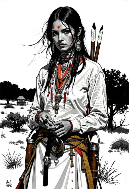 woman cheyenne, High contrast, minimalistic, colored black and grungy white, stark, dramatic, graphic novel illustration, cross hatching, seminole war, traditional outfits, landfields, art by Fritz Scholder.